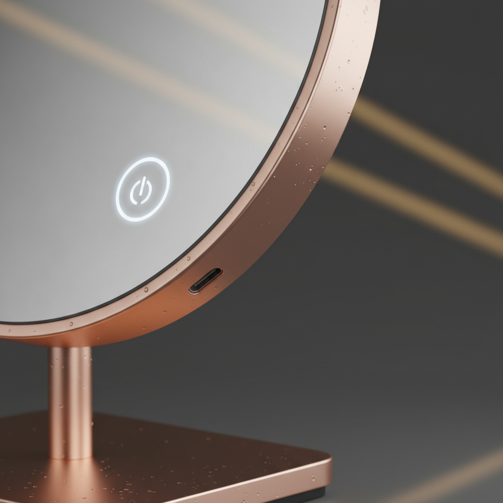 Détail bouton tactile et port USB miroir LED